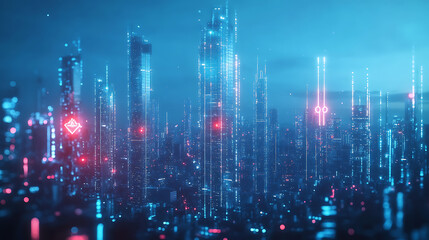 Poster - Antenna mast in abstract on blue, 5g technology, mobile phone, broadcast television, telecom network, 5g technology, city communication, and lte transmitter concept