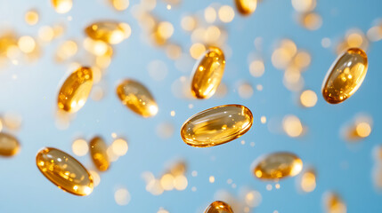 Poster - Antibiotic pill capsules falling, healthcare and medical on a blue background