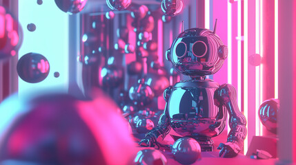 Poster - A shiny chrome robot sits amidst floating metallic spheres in a vibrant pink and blue neonlit room. 