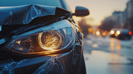 Aufkleber - Close-up of a damaged modern car after a traffic accident, with the focus on the broken headlight
