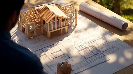 Poster - Architect reviewing blueprint of new house project and calculating construction costs