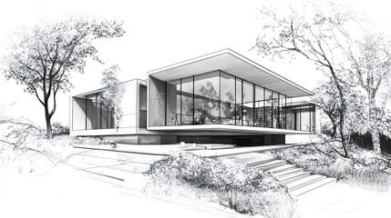 Poster - Architectural project showing a modern house with big windows overlapping with technical hand drawing sketch visualizing construction details