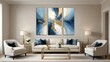© TheStoodio - Stunning modular wall art mockup featuring blue abstract painting on split canvas panels.