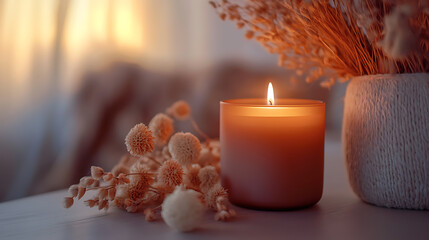 Poster - Aroma candle on the table, warm aesthetic composition with dry flowers, cozy home comfort, relaxation and wellness concept, interior decoration mockup