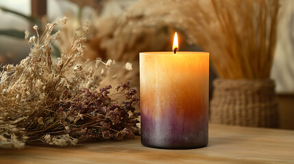 Poster - Aroma candle on the table, warm aesthetic composition with dry flowers, cozy home comfort, relaxation and wellness concept, interior decoration mockup
