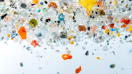 Poster - Close-up of microplastics floating in clear water, highlighting the environmental impact of plastic pollution in oceans and drinking water sources