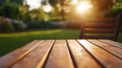 Aufkleber - Close-up of empty wooden table with chair in backyard with green lawn on dawn