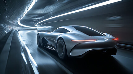 Poster - Close-up of silver car driving fast in the tunnel, motion blur, high speed photography, blurred background, dark grey and white color scheme
