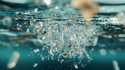 Fototapete - Close-up of microplastics floating in clear water, highlighting the environmental impact of plastic pollution in oceans and drinking water sources