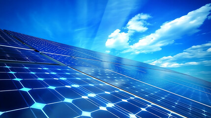 Aufkleber - Close-up of solar panels with vibrant blue sky in the background, depicting sustainable energy and modern renewable power sources