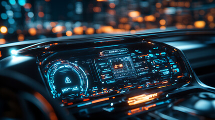 Poster - Close-up view of a modern cars digital dashboard display at night