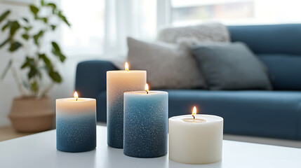 Poster - Close up of candles on white coffee table near blue sofa, scandinavian home interior design of modern living room