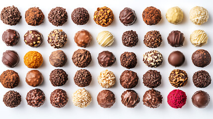 Aufkleber - Assorted chocolate truffles and pralines arranged on a white background, isolated on white, highlighting their decorative toppings and varied textures