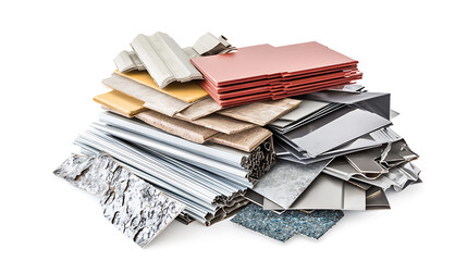 Aufkleber - Assortment of distinct roof coating kinds, isolated on a white background are stacks of sheet metal profiles, ceramic tiles, and gypsum roof