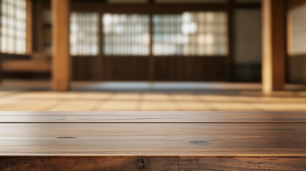 Poster - Close up of empty wooden table with blurred pharmacy shop background