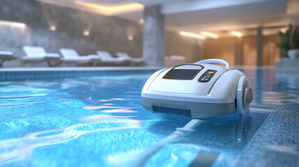 Poster - Automated pool cleaner is hard at work, maintaining hygiene and clarity in a private swimming pool, ensuring a safe and pleasant environment for swimmers