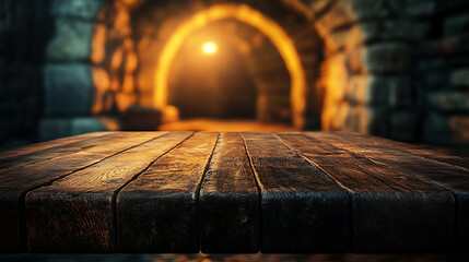 Aufkleber - Close up of empty wooden table with blurred old medieval catacombs background