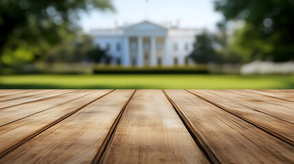 Poster - Close up of empty wooden table with blurred pharmacy shop background