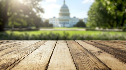 Poster - Close up of empty wooden table with blurred pharmacy shop background