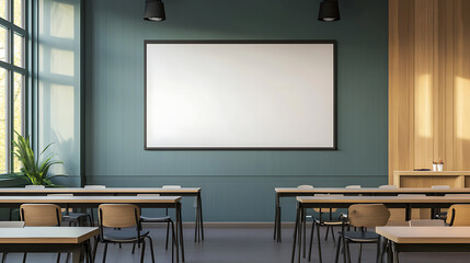 Poster - back to school, interior of modern classroom with blank white board on wall, copy space