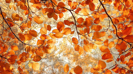 Poster - Autumn leaves in orange and brown create a beautiful, seasonal background, sunlight shining onto a tree in fall, beautiful autumn season in october and november