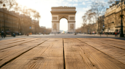 Poster - A close up of a rustic empty wooden table with blurred barbershop background