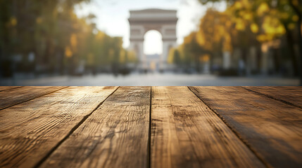 Poster - A close up of a rustic empty wooden table with blurred barbershop background