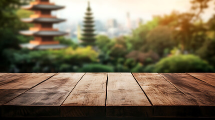 Poster - A close up of a rustic empty wooden table with blurred barbershop background