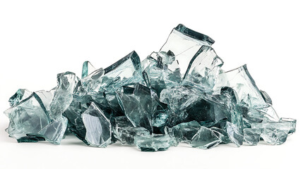 Poster - Close up side view on broken glass shards pieces pile heap on white background