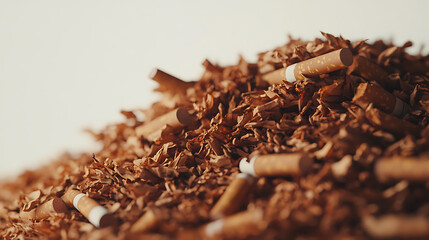 Poster - Close up side view on cigarettes pile heap on white background