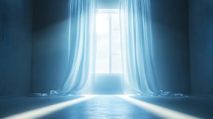 Poster - Backlit window with white curtains in empty room, abstract interior