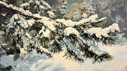 Poster - Closeup of snow covered evergreen branch in forest