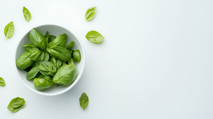 Aufkleber - Basil leaves in bowl, top view, white background, space for copy, flat lay