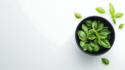 Aufkleber - Basil leaves in bowl, top view, white background, space for copy, flat lay