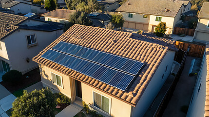 Aufkleber - Closeup of solar panels on rooftops catching the morning light