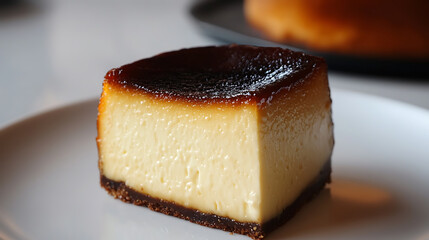 Poster - Basque burnt cheesecake on white plate, fresh baked cheese cake on table