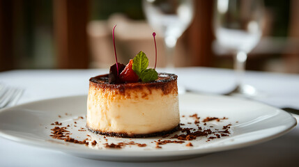 Aufkleber - Basque burnt cheesecake on white plate, fresh baked cheese cake on table