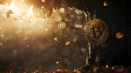 Aufkleber - Big tree with bitcoin hanging and fall from the tree, investment background theme, tree made of bitcoin