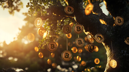 Poster - Big tree with bitcoin hanging and fall from the tree, investment background theme, tree made of bitcoin