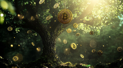 Aufkleber - Big tree with bitcoin hanging and fall from the tree, investment background theme, tree made of bitcoin