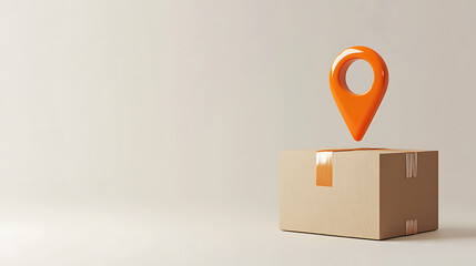 Leinwandbilder - 3d cardboard box with orange location marker icon hovering above it against plain light colored backdrop