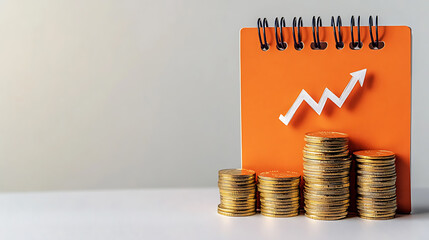 Poster - 2025 desk calendar and stack of coins with arrow rising, the concept of business growth, financial investment, market stock, profit return, dividend and business fund in year 2025