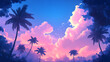 © CreativeCreations - A blue and purple sky with coconut trees, pink clouds in a gradient against a blue background