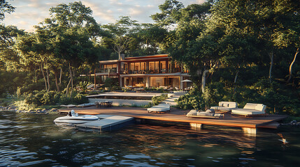Poster - A beautiful house on the water with an oversized dock and a boat at its edge, surrounded by trees the deck features various seating areas for relaxing or socializing during summer nights
