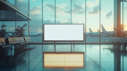 Aufkleber - A blank advertising billboard at an airport, modern design style, located on a reflective floor against a busy terminal background, concept of travel advertising space