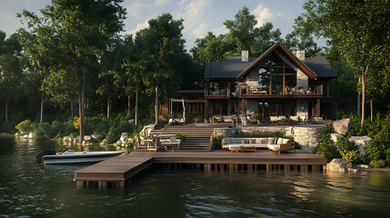Poster - A beautiful house on the water with an oversized dock and a boat at its edge, surrounded by trees the deck features various seating areas for relaxing or socializing during summer nights