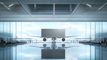 Aufkleber - A blank advertising billboard at an airport, modern design style, located on a reflective floor against a busy terminal background, concept of travel advertising space