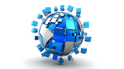 Aufkleber - A blue and silver digital globe on a white background, surrounded by many small cube icons representing global network connections