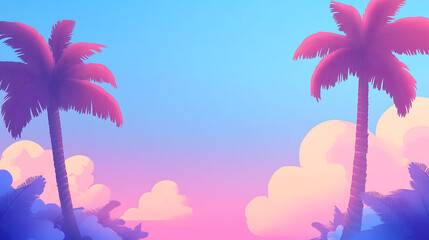 Poster - A blue and purple sky with coconut trees, pink clouds in a gradient against a blue background