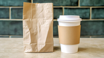 Poster - A brown paper bag stands upright next to a white disposable coffee cup with a brown paper sleeve, both sitting on a light brown wooden table surface